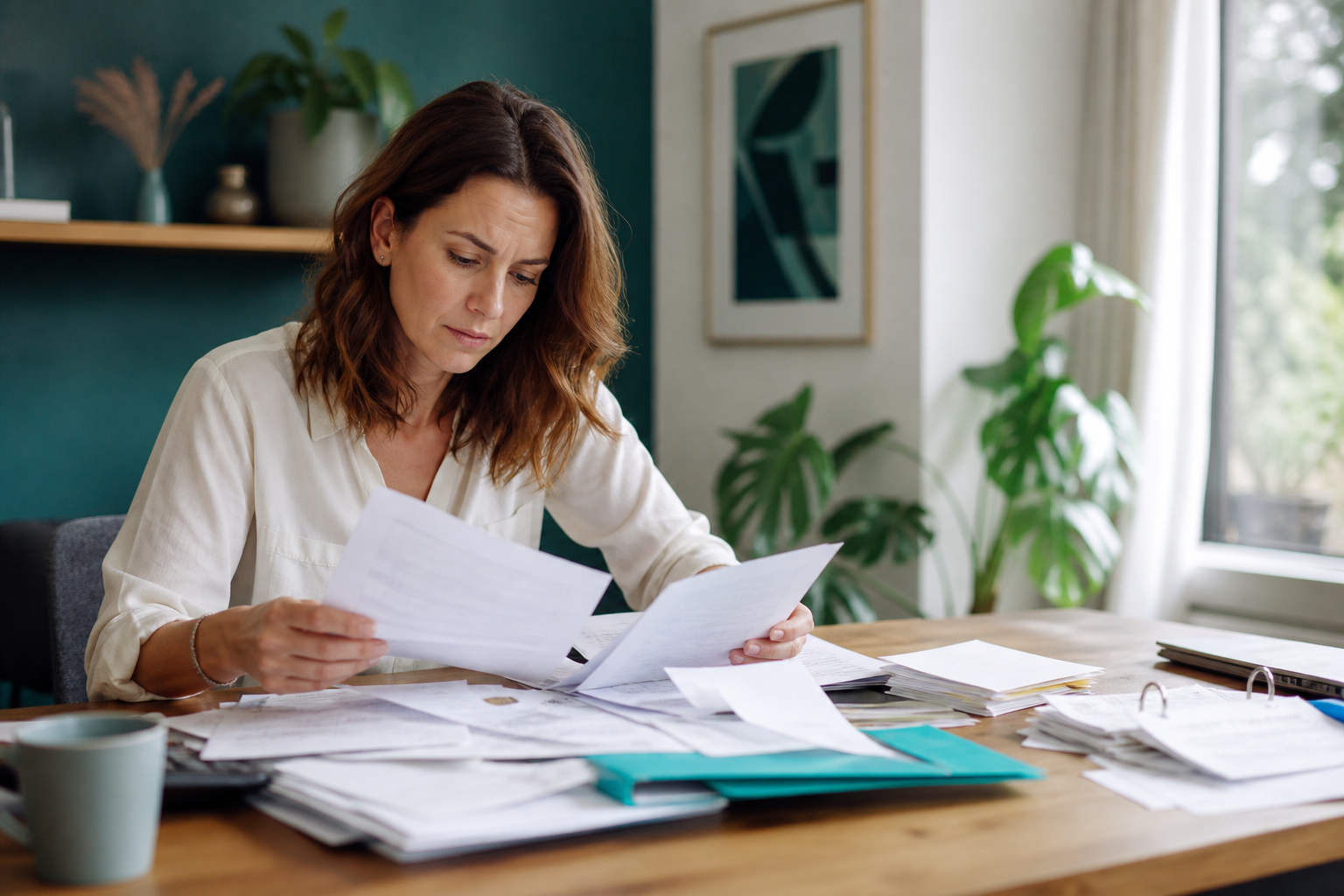 Ondernemer sorteert verspreide facturen en zoekt welke documenten nog ontbreken.