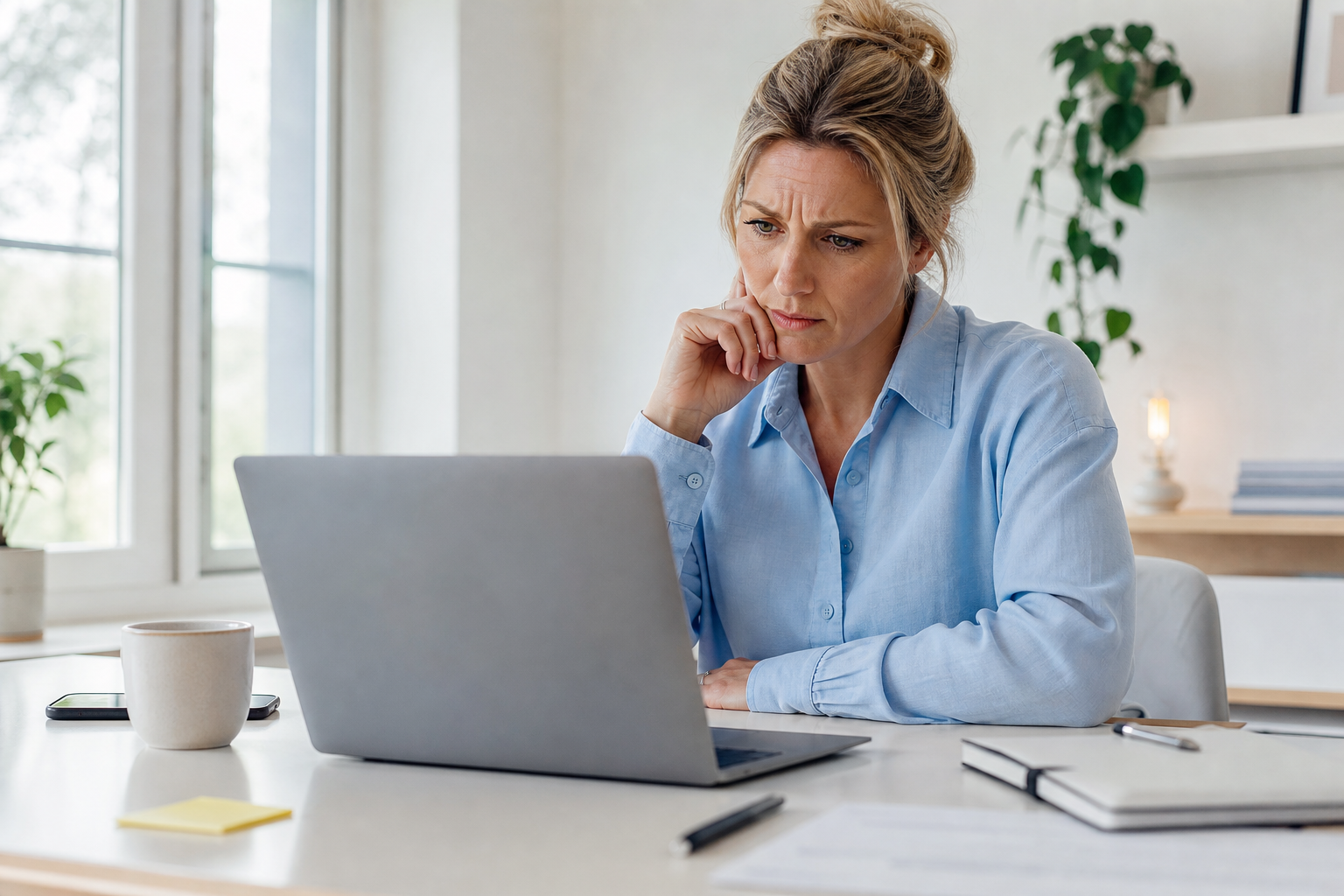 Ondernemer controleert een bankbetaling op haar laptop waar nog geen factuur bij hoort.