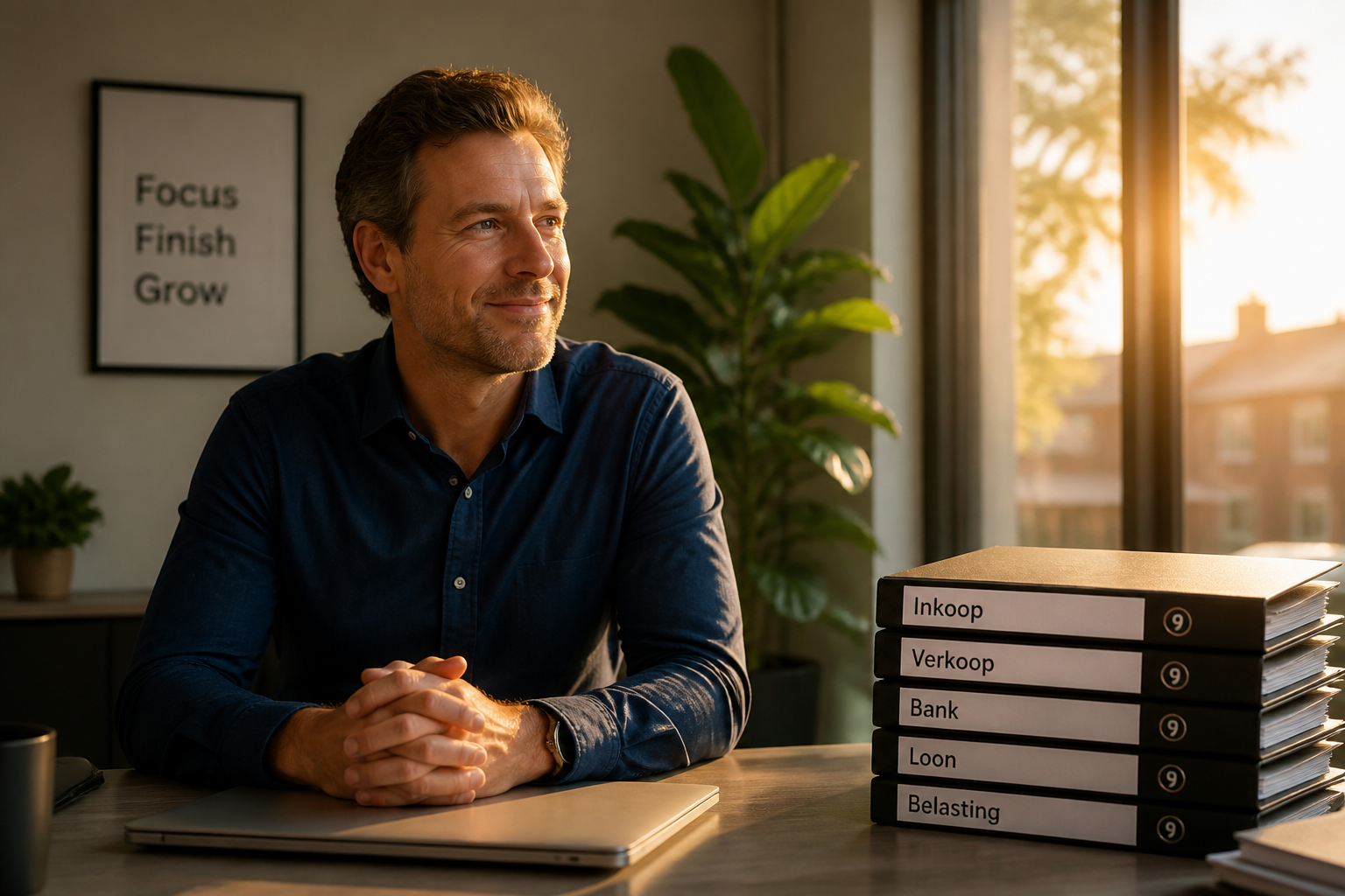 Ondernemer sluit een maand of kwartaal rustig af met opgeruimde administratie.