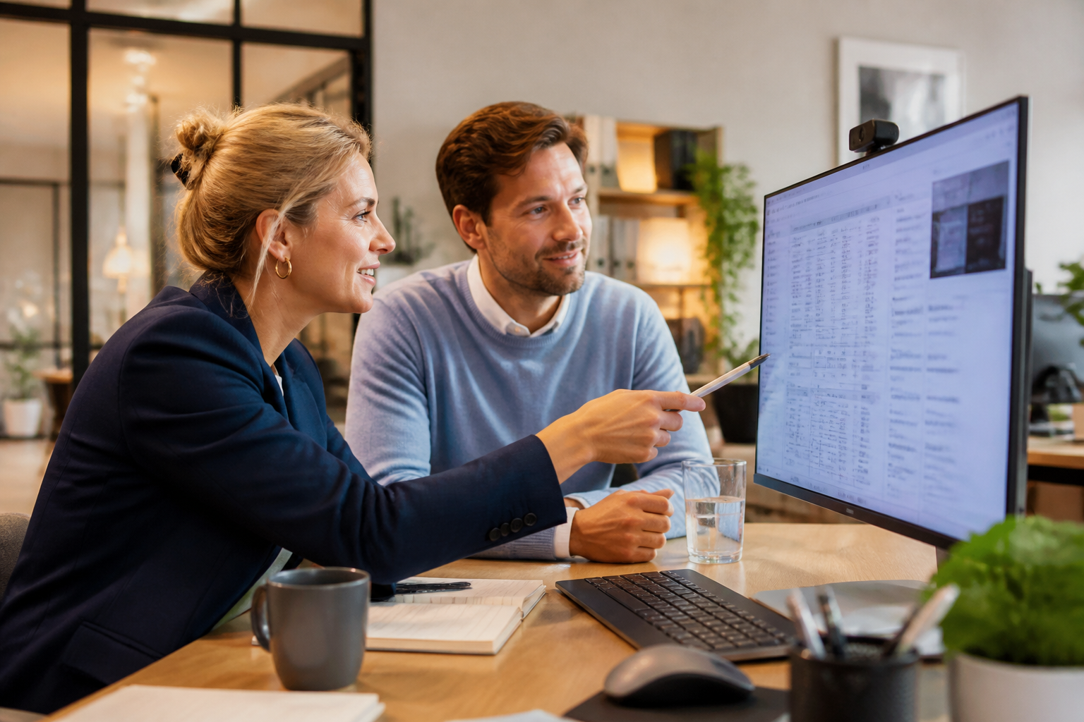 Boekhouder en ondernemer bespreken een compleet dossier aan de monitor.