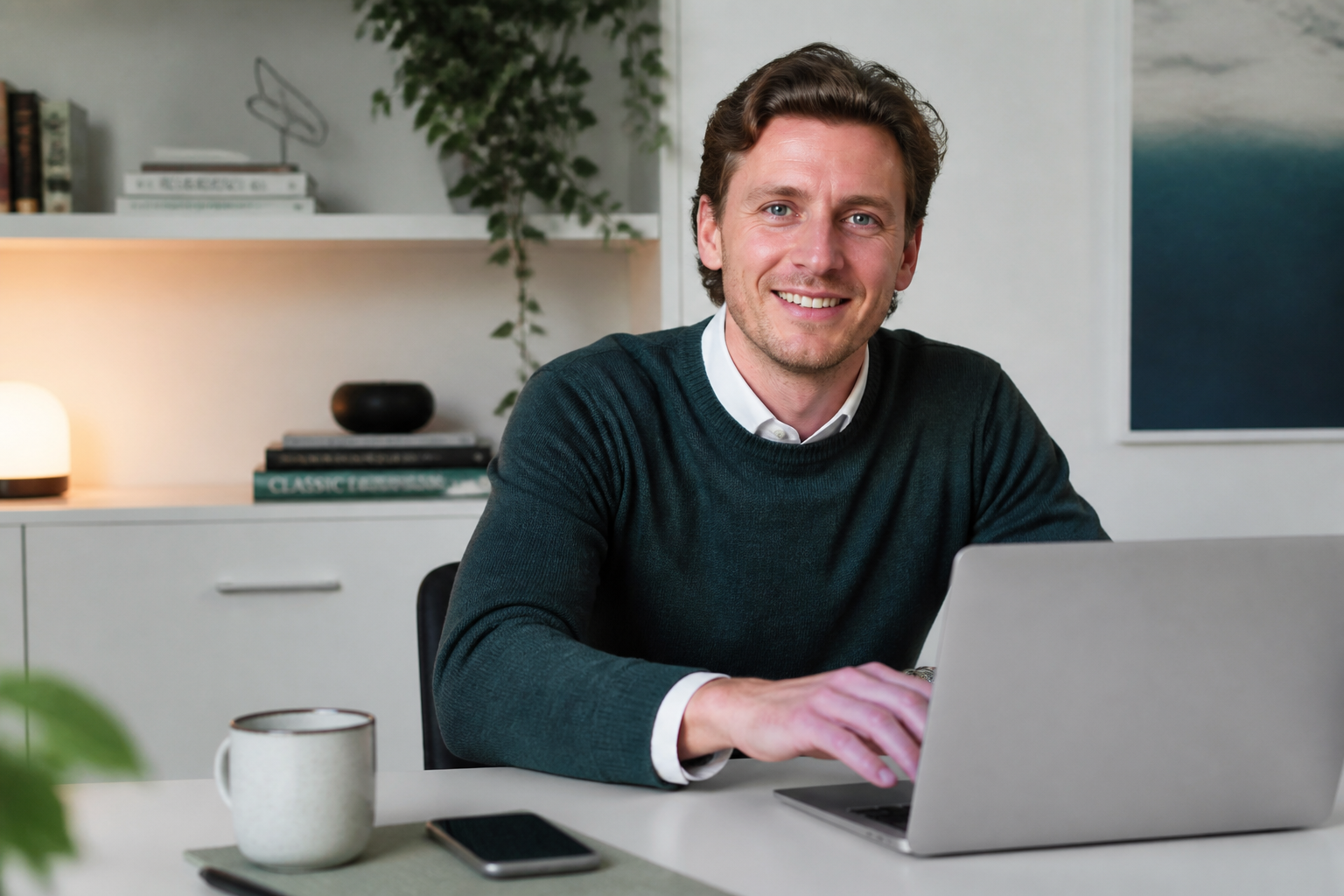 Ondernemer die contact opneemt via zijn laptop.