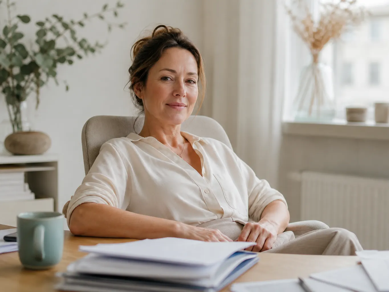 Ondernemer zit rustig achterover bij een administratie die nog niet af is.