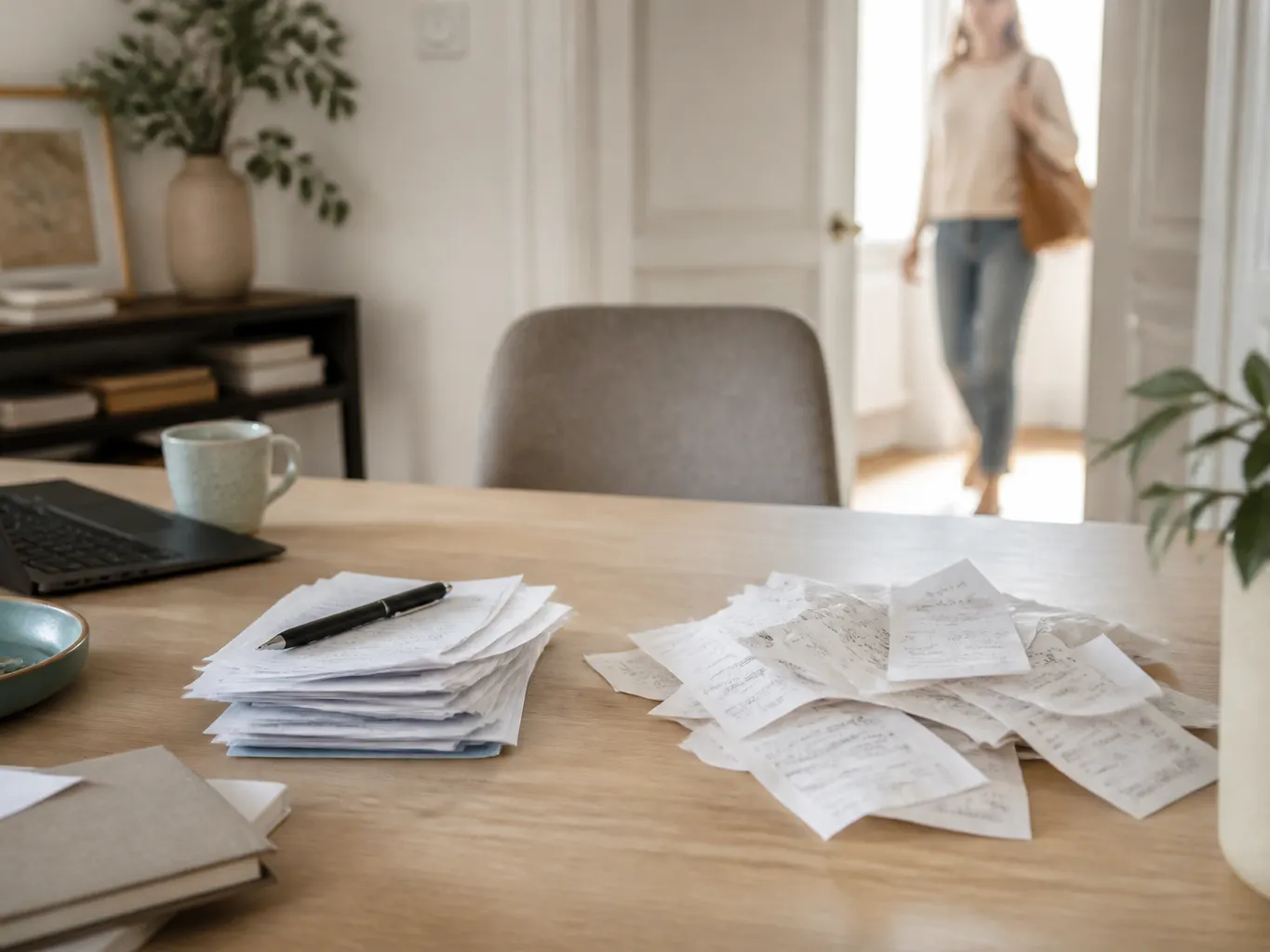 Half afgemaakt bureau met een gesorteerde en een ongesorteerde stapel bonnetjes.